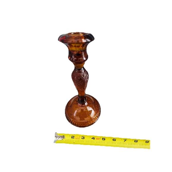 Vintage 8.5” T Tierra Amber Brown Press Cut Glass Candlestick Holder Home Decor - Picture 5 of 16